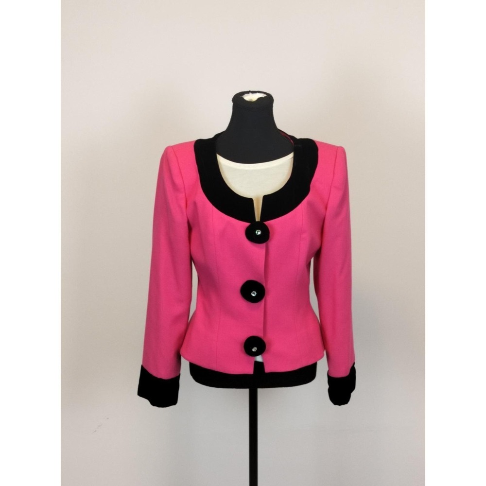 Vintage Sunny Choi Wool Velvet Trim Blazer Women 10 Pink Black Statement Jacket